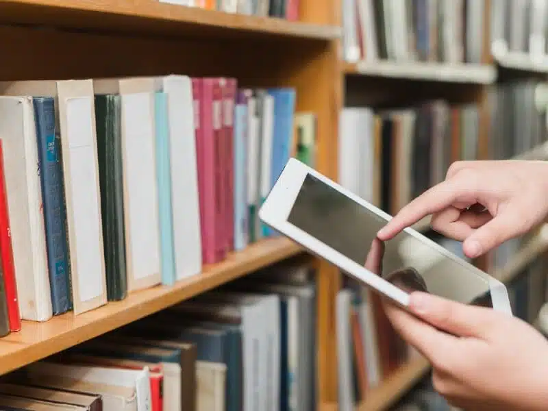 Image libre de droit d'une bibliothèque avec une tablette tactile en cours d'utilisation