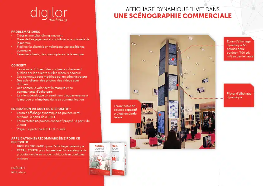 Affichage dynamique "live" dans une scénographie commerciale