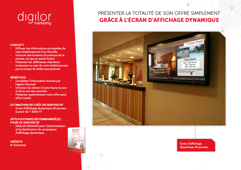 presentation differentes chambres sur ecran d'affichage dynamique entrée hotel