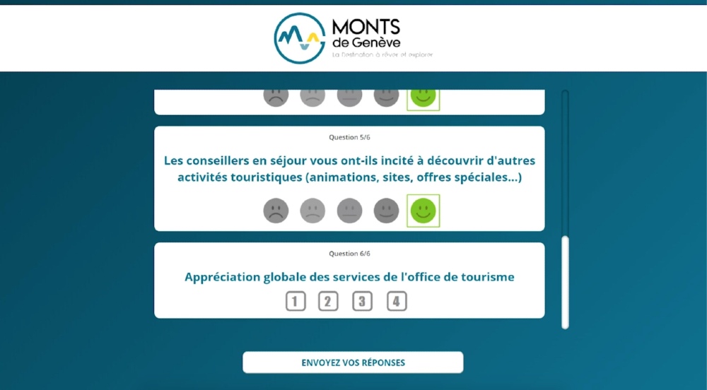 Office de Tourisme des Monts de Geneve, maquette de l'application permettant de mesurer la satisfaction des visiteurs