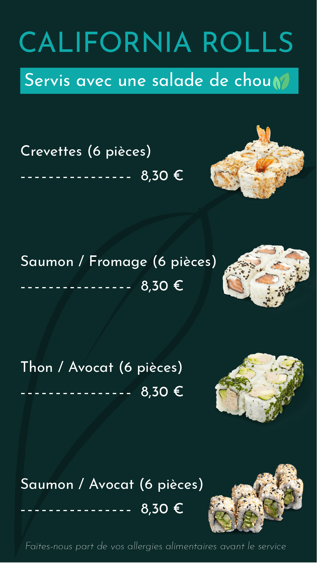Menuboard menu sushis