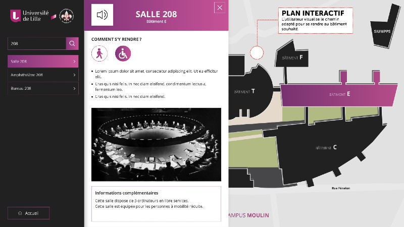 Maquette de l'application pour l'Université de Lille - carte interactive