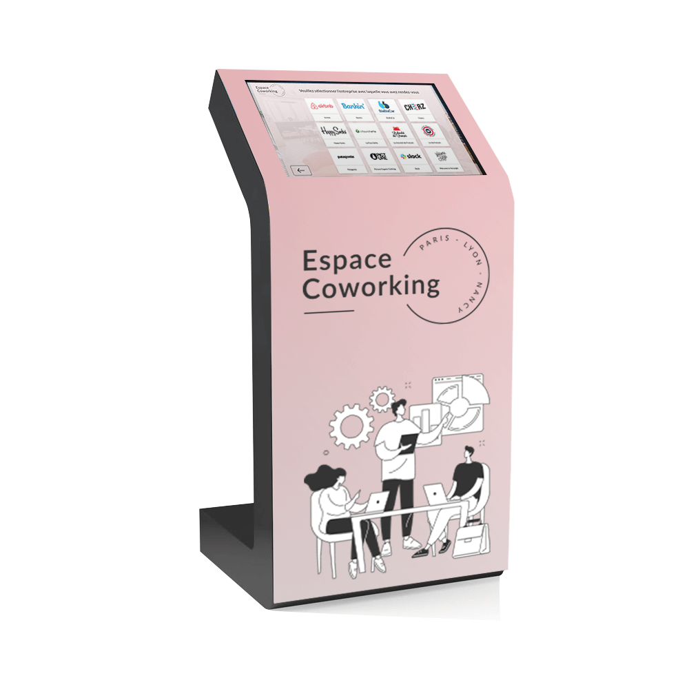 Borne d'accueil interactive avec sticker dans un espace de coworking