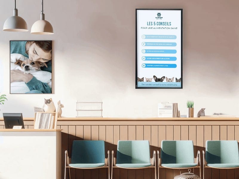 Écran d'affichage dynamique dans une clinique vétérinaire