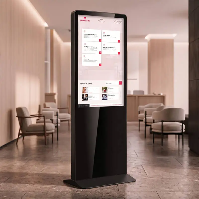 totem tactile avec application my digital lobby pour centraliser les informations de l'immeuble