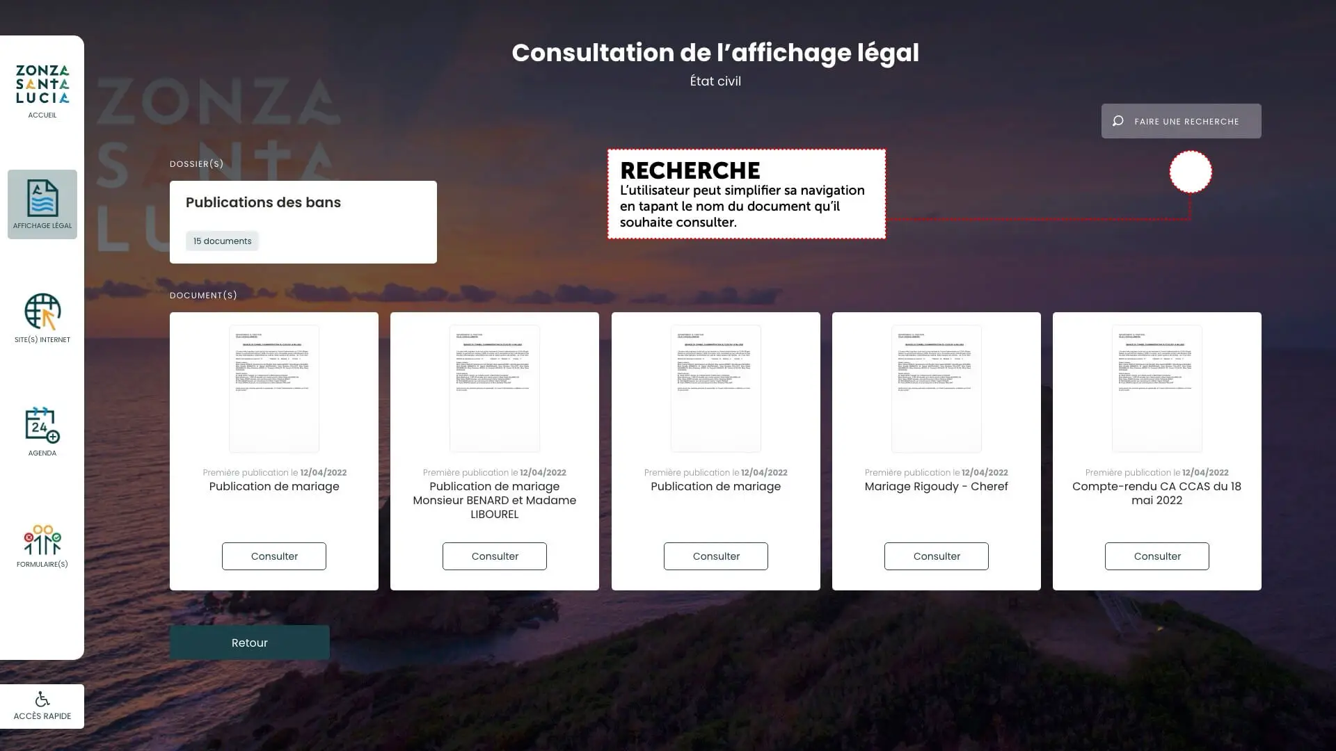 Écran recherche mairie de Zonza Santa Lucia