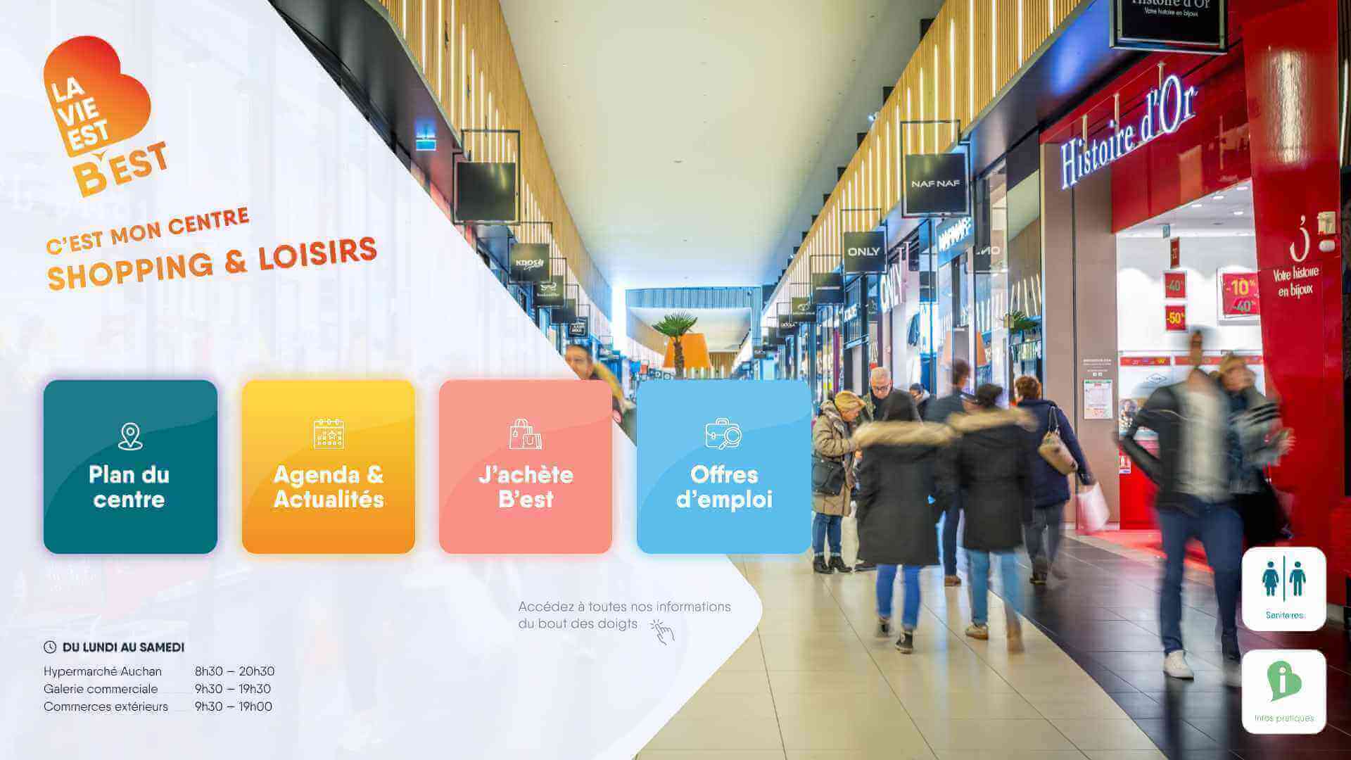 Maquette de l'application Wayfinder avec un plan interactif tactil réalisé sur mesure pour le centre commercial B'EST