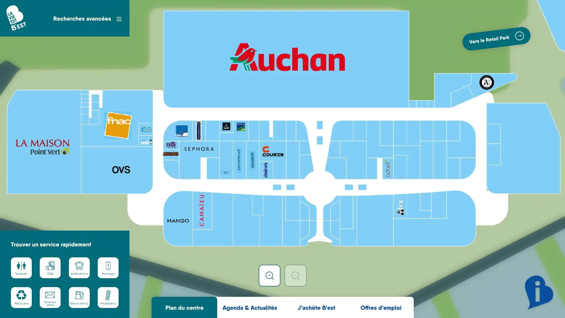 Maquette de l'application Wayfinder avec un plan interactif tactil réalisé sur mesure pour le centre commercial B'EST