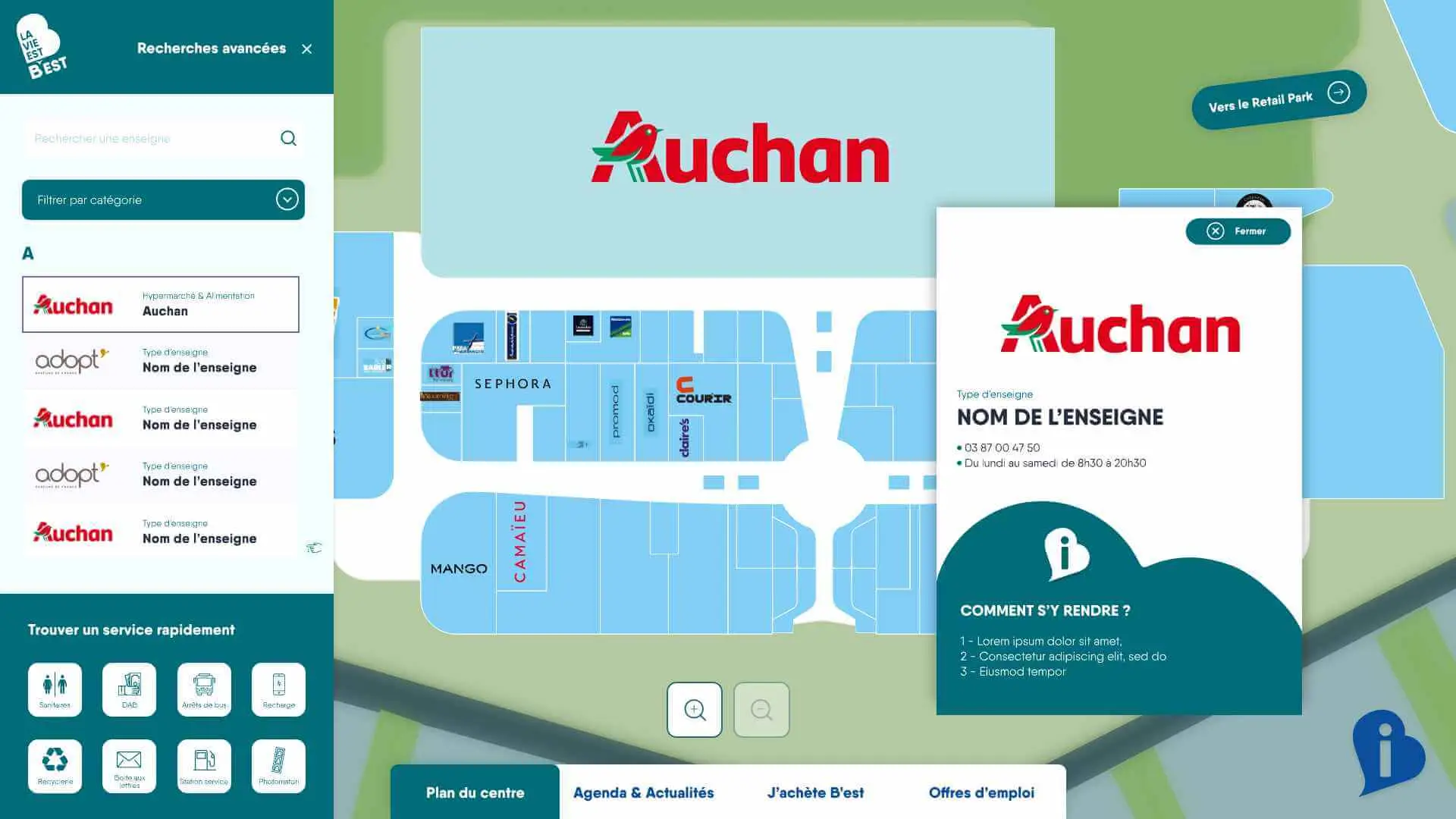 Maquette de l'application Wayfinder avec un plan interactif tactil réalisé sur mesure pour le centre commercial B'EST
