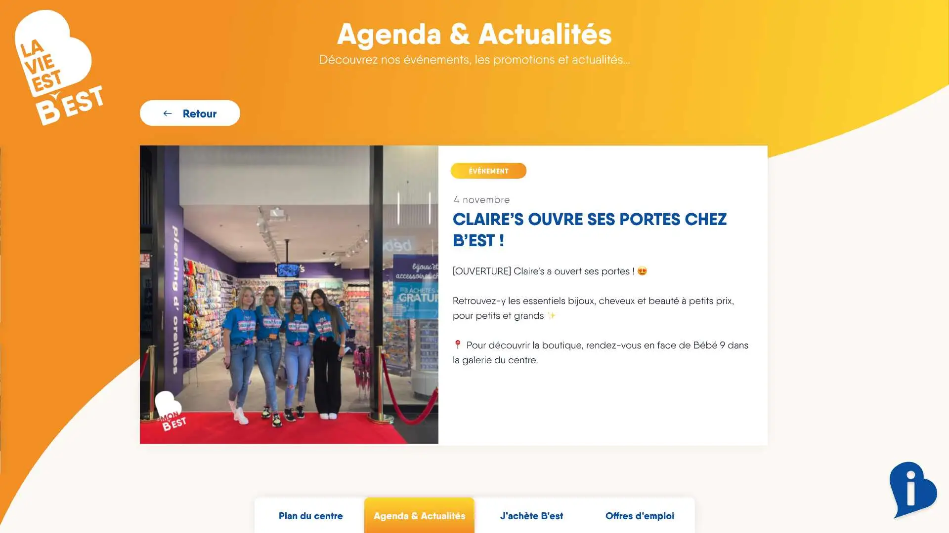 Maquette de l'application Wayfinder avec un plan interactif tactil réalisé sur mesure pour le centre commercial B'EST