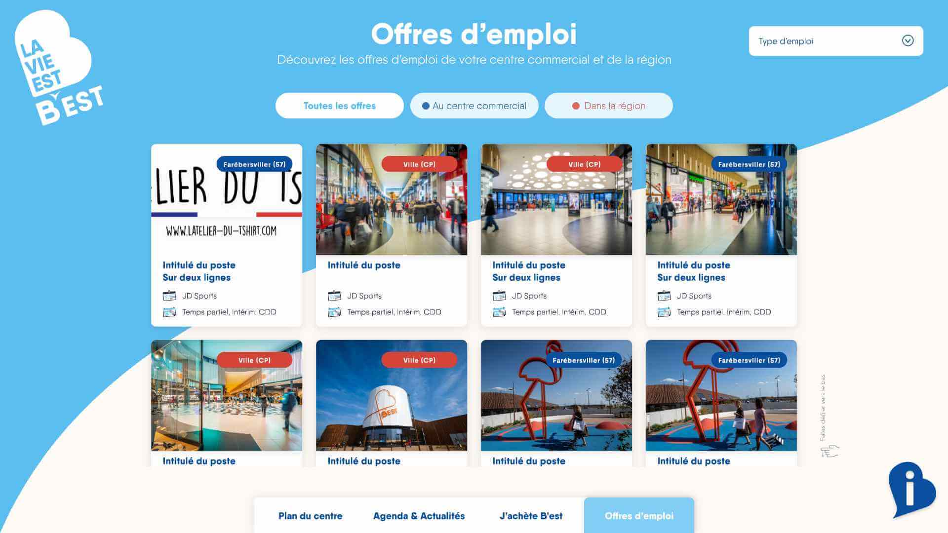 Maquette de l'application Wayfinder avec un plan interactif tactil réalisé sur mesure pour le centre commercial B'EST
